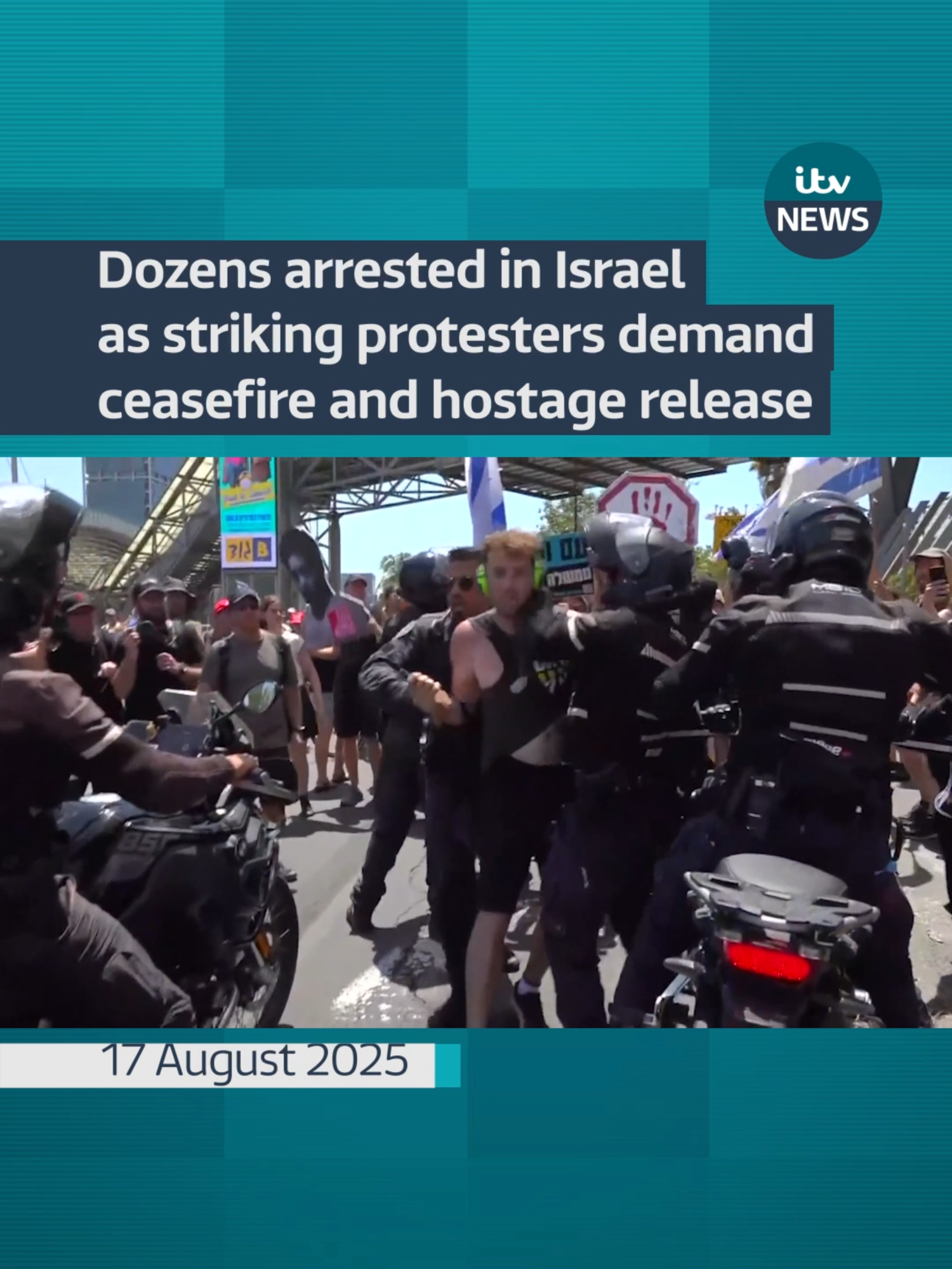 Police in Israel have arrested at least 38 people protesting for the release of remaining hostages held by Hamas and demanding a ceasefire in the war in Gaza. #itvnews