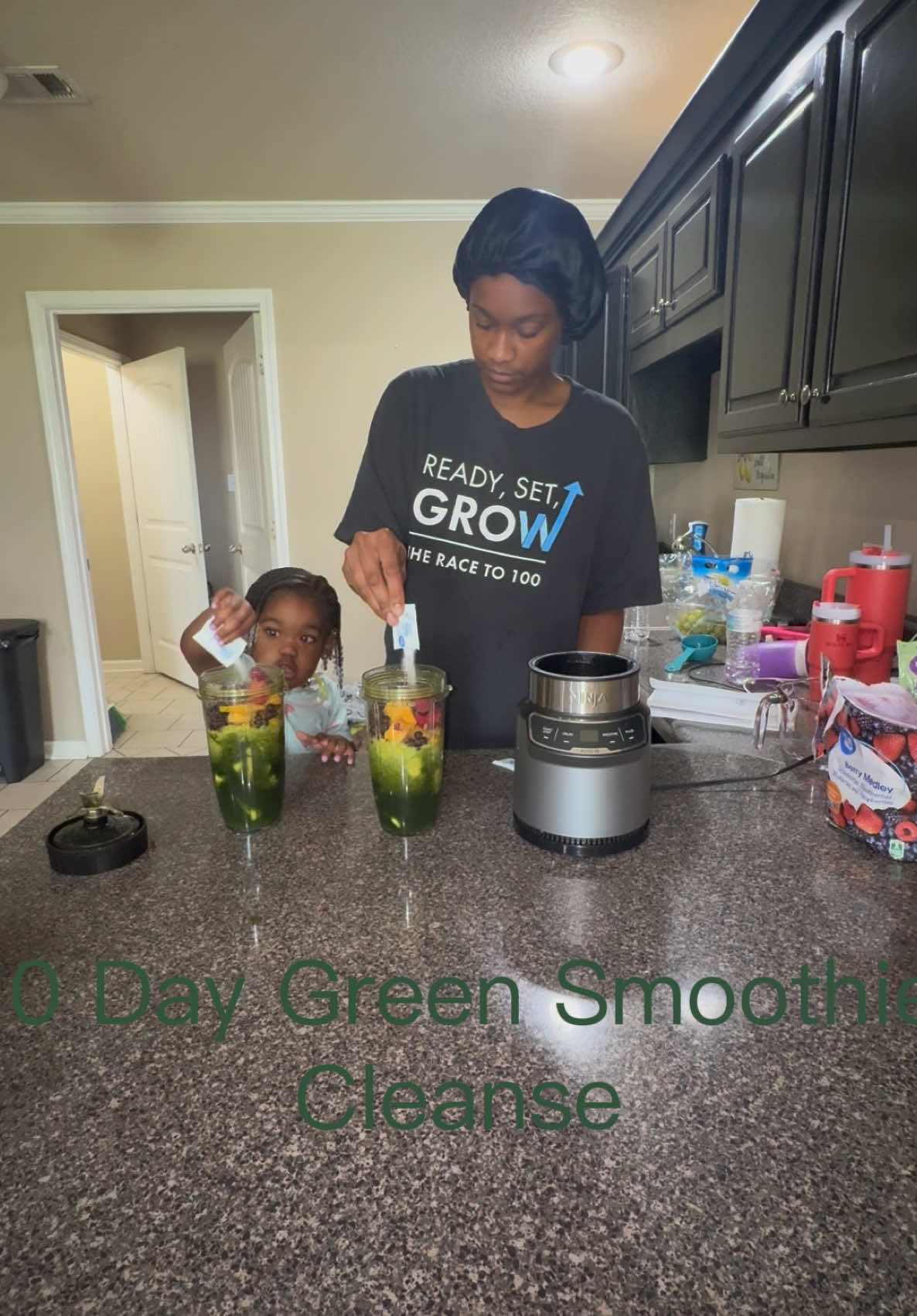 Day 7/10 10 Day Green Smoothie Cleanse by JJ Smith Recipe 2 handfuls of spring mis greens 2 handfuls of spinach 2 cups of water 1 banana peeled 1 1/2 cups of frozen pineapples 1 1/2 cups of frozen mangos 1 cup of frozen mixed berries  3 packets of stevia 2 tbs of ground flaxseeds 1 scoop of protein powder (optional)