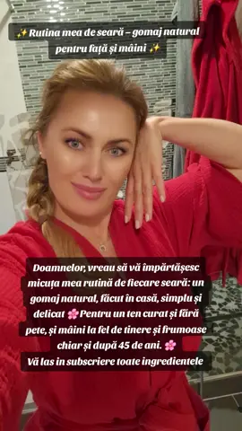 Ingrediente: o linguriță de făină de ovăz o jumătate de linguriță de bicarbonat o jumătate de linguriță de pudră de santal o jumătate de linguriță de amidon o linguriță de miere de albine 3–4 picături de ulei de trandafir sălbatic sau de cafea un strop de coajă de lămâie rasă Amestec totul bine și masez ușor, seara, înainte de culcare. Este exfoliantul meu preferat: curăță delicat, hrănește și lasă pielea luminoasă și catifelată. După masaj, clătiți fața și mâinile cu apă călduță și ștergeți foarte bine cu un prosopel din bumbac umed, până se îndepărtează tot gomajul. Apoi aplicați crema și serurile de noapte. Să vă fie cu folos 🫶 #naturalskincare #exfoliant #beauty #antiaging #fypviral 