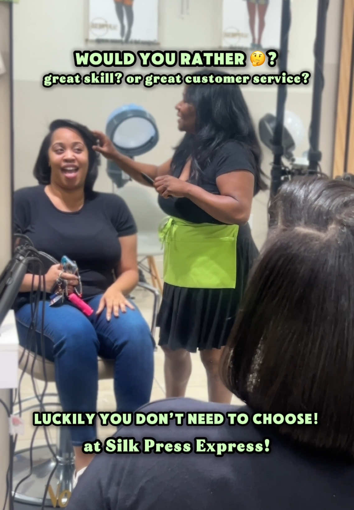 There’s No Compromising Here At Silkpress Express 🥰💚 #silkpressexpress #silkpress #clipins #tapeinextensions #sewin 