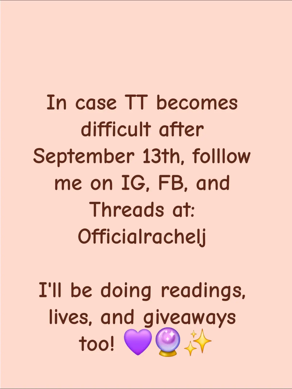There will be so many changes happening to TikTok once September 13th comes, so if you'd like to keep in touch with me for readings and content, follow me everywhere at: Officialrachelj 🔮✨️ #fyp #tiktok #psychicmedium #tarotreading #psychicreading 