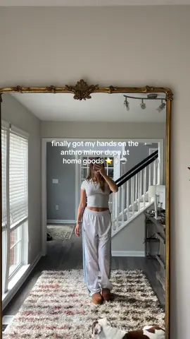 been longing to find this mirror for a while and it’s fits perfectly. now to deal with this awful millennial gray floors #anthromirrordupe #homegoodsfind #floormirror #anthropologiedupe #anthropologie 