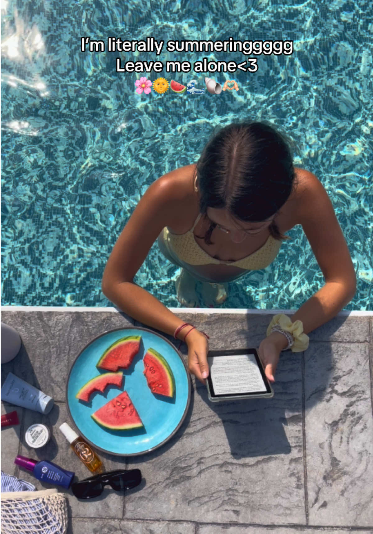 I’m summeringggg 🌞🌊🐚🍉 #summerinspo #poolday #pinterestsummer #summergirl #summeraesthetic  @Sol de Janeiro Inc @it’s a ten @Face Reality @hollister 
