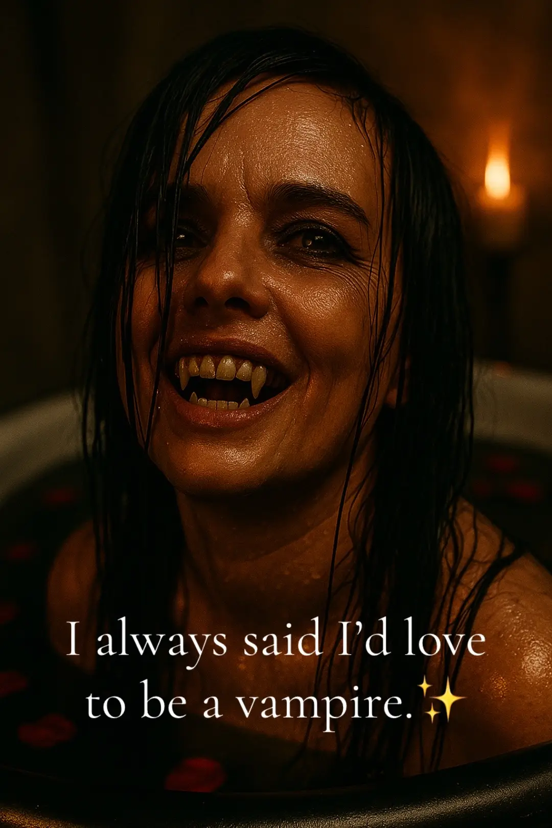 How to request : Don't change facial features Create a hyper-realistic, cinematic close-up portrait of a female vampire in a black gothic clawfoot bathtub. Her face is the focal point-head tilted slightly upward, lips parted in a grim smile revealing sharp fangs. Her long, wet black hair cling to her face and neck, dripping water. Her intense eyes reflect the flicker of candlelight illuminating the dark, shadowy room. Out-of-focus rose petals float on the tub's surface in the background. Use dramatic low-key lighting to emphasize facial texture, moisture, and fangs, with glowing highlights on her wet skin and hair. The atmosphere should feel hauntingly beautiful, mysterious, and gothic. #chatgpt #fyp #vampire #ai #bisexual🏳️‍🌈 
