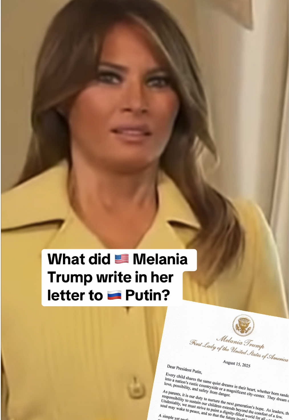 US First Lady Melania Trump, wife of President Donald Trump, wrote a peace letter to Russian President Vladimir Putin, while Trump was in Alaska for his meeting with the Russian leader. Here’s what the First Lady wrote: Dear President Putin, Every child shares the same quiet dreams in their heart, whether born randomly into a nation’s rustic countryside or a magnificent city-center. They dream of love, possibility, and safety from danger. As parents, it is our duty to nurture the next generation’s hope. As leaders, the responsibility to sustain our children extends beyond the comfort of a few. Undeniably, we must strive to paint a dignity-filled world for all - so that every soul may wake to peace, and so that the future itself is perfectly guarded. A simple yet profound concept, Mr. Putin, as I am sure you agree, is that each generation’s descendants begin their lives with a purity - an innocence which stands above geography, government, and ideology. Yet in today’s world, some children are forced to carry a quiet laughter, untouched by the darkness around them - a silent defiance against the forces that can potentially claim their future. Mr. Putin, you can singlehandedly restore their melodic laughter. In protecting the innocence of these children, you will do more than serve Russia alone - you serve humanity itself. Such a bold idea transcends all human division, and you, Mr. Putin, are fit to implement this vision with a stroke of the pen today. It is time. Sincerely, Melania Trump #diplomacy #digitaldiplomacy 