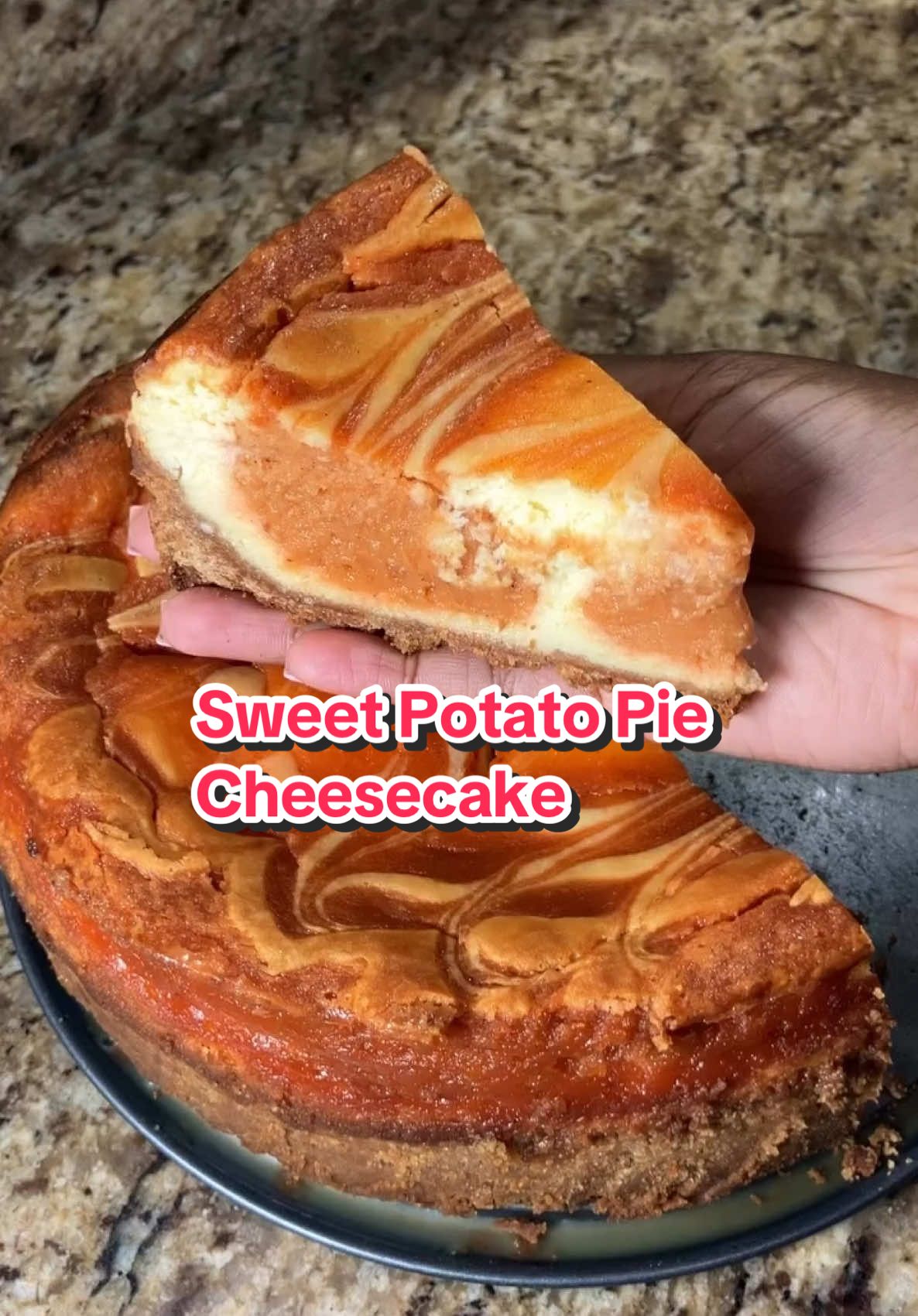 Sweet Potato Pie Cheesecake🍠🍰 (via @Janelle) Crust: 20 Graham crackers  1/2 cup melted unsalted @kerrygoldusa butter 1/2 cup white sugar  Blend your graham crackers in a food processor until smooth and then mix in your melted butter and sugar. Press into a 9” cheesecake pan & bake at 350 degrees for 10 minutes, set aside to cool. Sweet Potato Pie: 3 large sweet potatoes (boil until fork tender for about 30 minutes, peel & then add to a food processor, blend until smooth) 1 tbsp cinnamon & nutmeg  1/4 cup heavy cream  1/4 cup evaporated milk  1 tbsp vanilla  1/2 cup softened unsalted butter  1/2 cup dark brown sugar  1/2 cup white sugar  2 eggs  Blend until everything is incorporated Cheesecake: 3 8oz @phillycreamchs blocks 1 cup white sugar 1 tbsp vanilla 1/3 cup heavy cream 1/3 cup sour cream 5 eggs Blend until smooth, layer your cheesecake batter to the bottom followed by your sweet potato batter, topping with a few lines of cheesecake batter and then marble the mix with a knife before baking. Bake at 350 degrees for an hour and 30 minutes, let cool COMPLETELY before putting in the fridge. Chill overnight before cutting & enjoy! Black Foodie Finder 🧡