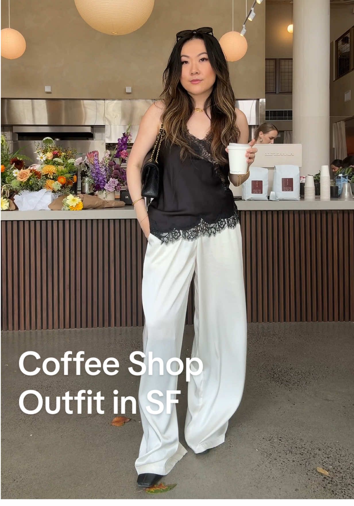these satin pants from @JLUXLABEL look so chic ✨ styled with this zara lace top #effortlesschic #zara #blacklacetop 