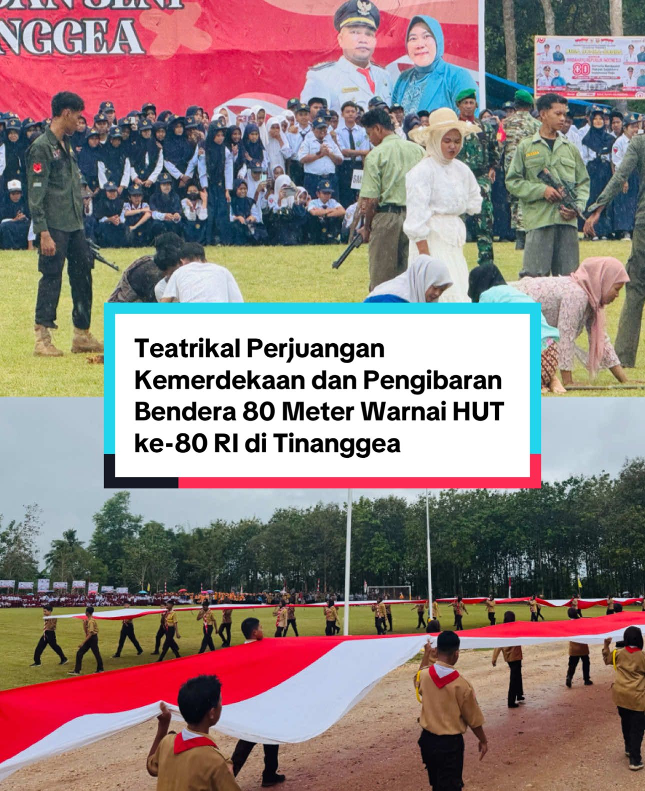 KONAWE SELATAN – Peringatan Hari Ulang Tahun (HUT) ke-80 Republik Indonesia (RI) di Kecamatan Tinanggea, Kabupaten Konawe Selatan (Konsel), Sulawesi Tenggara, berlangsung meriah dan penuh makna, Minggu (17/8/2025).  Ribuan masyarakat memadati Lapangan Mbatono, Kelurahan Ngapaaha, untuk menyaksikan upacara sekaligus penampilan teatrikal perjuangan kemerdekaan dan pembentangan bendera merah putih sepanjang 80 meter. Upacara dipimpin oleh Camat Tinanggea, Nurwan, S.Sos., M.PW., selaku inspektur. Hadir pula Ketua TP-PKK Tinanggea, Citrayani, A.MK., unsur TNI-Polri, aparat pemerintah kecamatan, kepala desa, para guru, pelajar SD, SMP, SMA, hingga masyarakat umum yang antusias mengikuti jalannya acara. Usai pengibaran bendera, panggung lapangan berubah menjadi ruang sejarah. Sebuah teatrikal perjuangan dipentaskan, menggambarkan kehidupan rakyat sebelum kedatangan penjajah, masa kelam kolonialisme, hingga kobaran semangat perlawanan rakyat yang berujung pada kemenangan dan lahirnya kemerdekaan.  Penampilan dari pelajar SMA Negeri 22 Konsel itu menghadirkan suasana haru sekaligus semangat, dengan teriakan lantang “Merdeka!” yang disambut tepuk tangan penonton. Tak kalah menarik, sebanyak 80 anak binaan Saka Bhayangkara Polsek Tinanggea, di bawah pembinaan Kapolsek Iptu Mursadin, membentangkan bendera merah putih sepanjang 80 meter di tengah lapangan.  Aksi spektakuler itu menjadi simbol kebanggaan sekaligus penghormatan atas usia kemerdekaan yang kini genap delapan dekade. Bagi masyarakat Tinanggea, momentum ini bukan sekadar seremoni, melainkan juga pengingat akan perjuangan para pahlawan bangsa. Teatrikal yang ditutup dengan pengibaran bendera raksasa itu menggetarkan suasana, menghadirkan rasa syukur, kebanggaan dan semangat persatuan. “Ini adalah cara kita mengenang pengorbanan para pejuang. Bukan hanya sekadar upacara, tetapi juga penghayatan makna kemerdekaan,” ujar Camat Tinanggea, Nurwan. Peringatan HUT RI ke-80 di Tinanggea pun meninggalkan kesan mendalam bagi seluruh masyarakat yang hadir, sekaligus meneguhkan tekad untuk menjaga semangat kemerdekaan dalam kehidupan berbangsa dan bernegara. #tinanggea #hutri80 #sultra #CapCut #fyp 