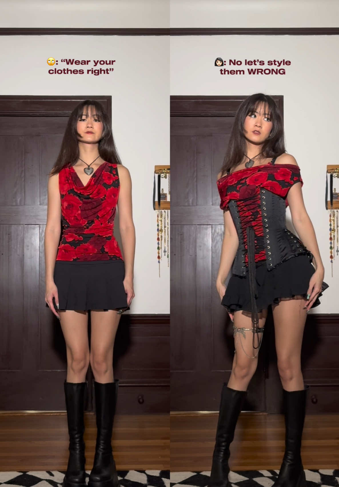 Wearing versus styling <33 Throwback to one of my favorite styling experiments 🥀 Which side do y’all like more   #wearingvsstyling #stylingoutfits #stylingtiktok #fashioninspiration #outfitidea #aestheticoutfits #stylinginspo 