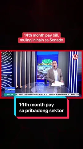 MANDATORY 14TH MONTH PAY Muling isinulong ni Senate Minority Leader Tito Sotto ang panukalang 14th-month pay para sa mga empleyado sa pribadong sektor. Sakop ng bill ang rank-and-file workers, kasambahay, at iba pang empleyadong nakapagsilbi nang hindi bababa sa isang buwan sa loob ng isang taon.