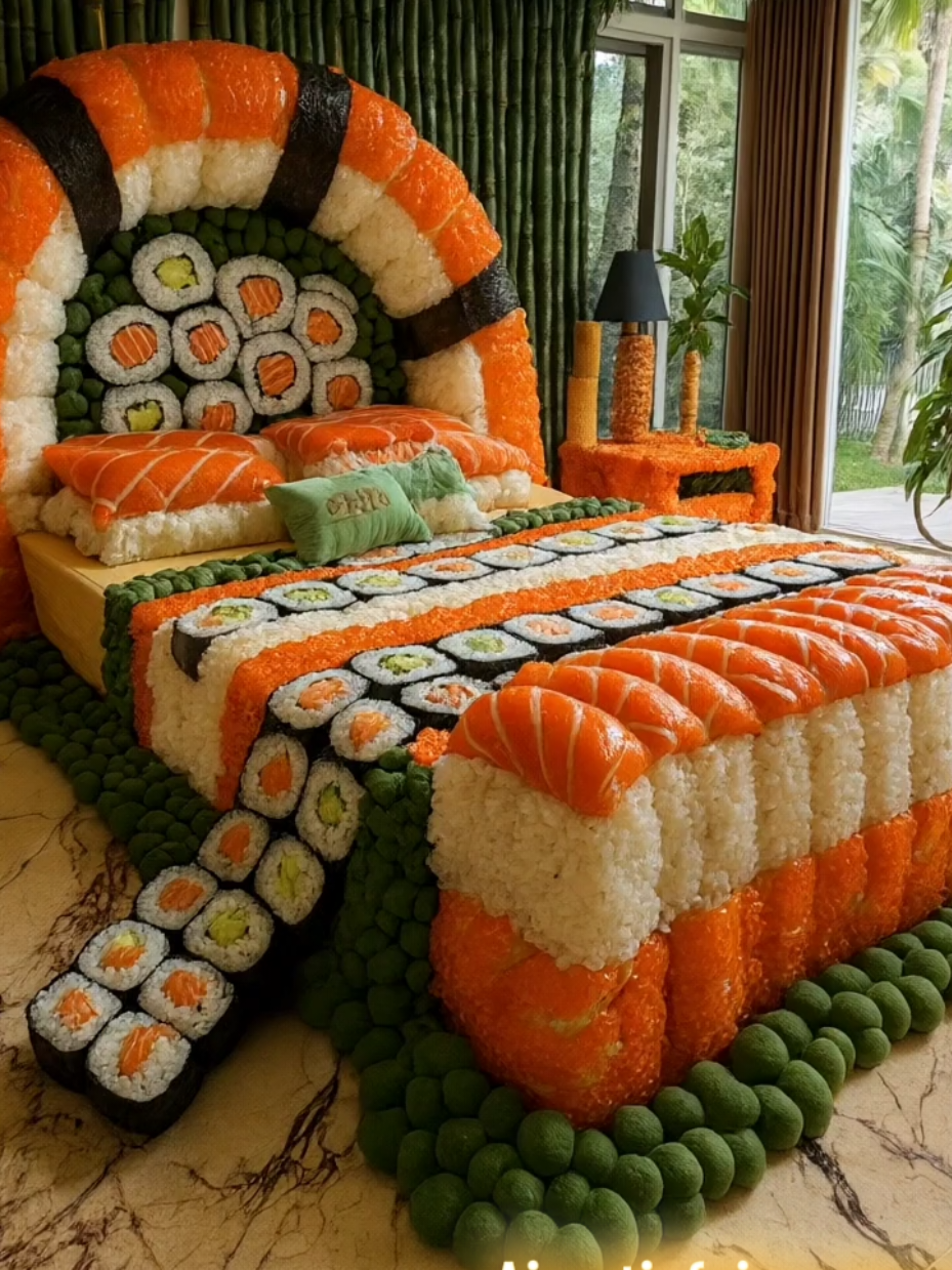 would you sleep on it or have it for lunch? 😋#sushi #bed #ai #satisfying #asmr 