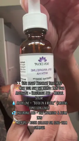 This serum combines 3 powerhouse ingredients: ✨ Argireline (20%) – often called Botox in a bottle because it relaxes expression lines. 💦 Hyaluronic Acid – floods your skin with hydration so it looks plump and smooth. ⚡ Matrixyl – a peptide that stimulates collagen, reducing fine lines over time. 🌟 Together, they smooth, hydrate, and firm — giving you younger-looking skin without injections. #SkinDeva #Argireline #BotoxInABottle #PeptideSerum #HyaluronicAcid   