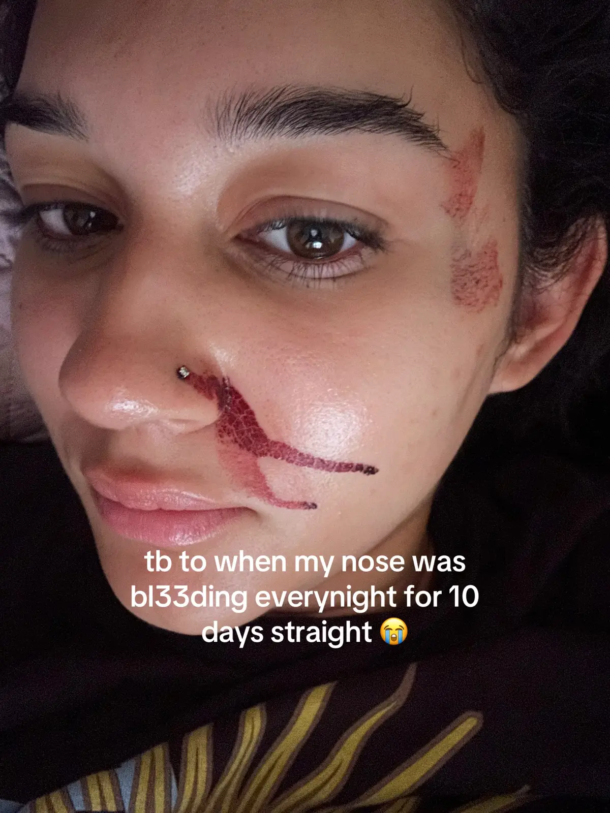#nosepiecercing i would go to sleep praying it wouldnt bl33d idk how it got to my forehead lol