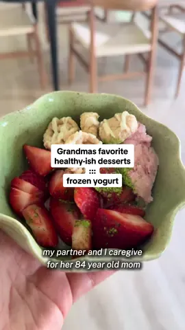 Grandma’s favorite dessert… or one of them at at least ❤️ My partner and I are caregivers for her 84-year-old mom. Which means her diet is our responsibility.  Luckily, she is very happy to eat very healthy… because she used to be a nutritionist and takes her diet and health very seriously.  So the majority of her meals are nutrient dense, low sodium, and would make her doctor happy.  but she does love dessert!  And she wants it after every meal.  So of course, I’m not going to stand in the way of her good time.  But I want to make sure there is a bit of nutrition in there. And per her request, want to make sure it’s not too high in sugar or cholesterol  so here’s one of our aging parents  go to desserts that she has on repeat  #careg#caregivert#healthydesserte#frozenyogurt
