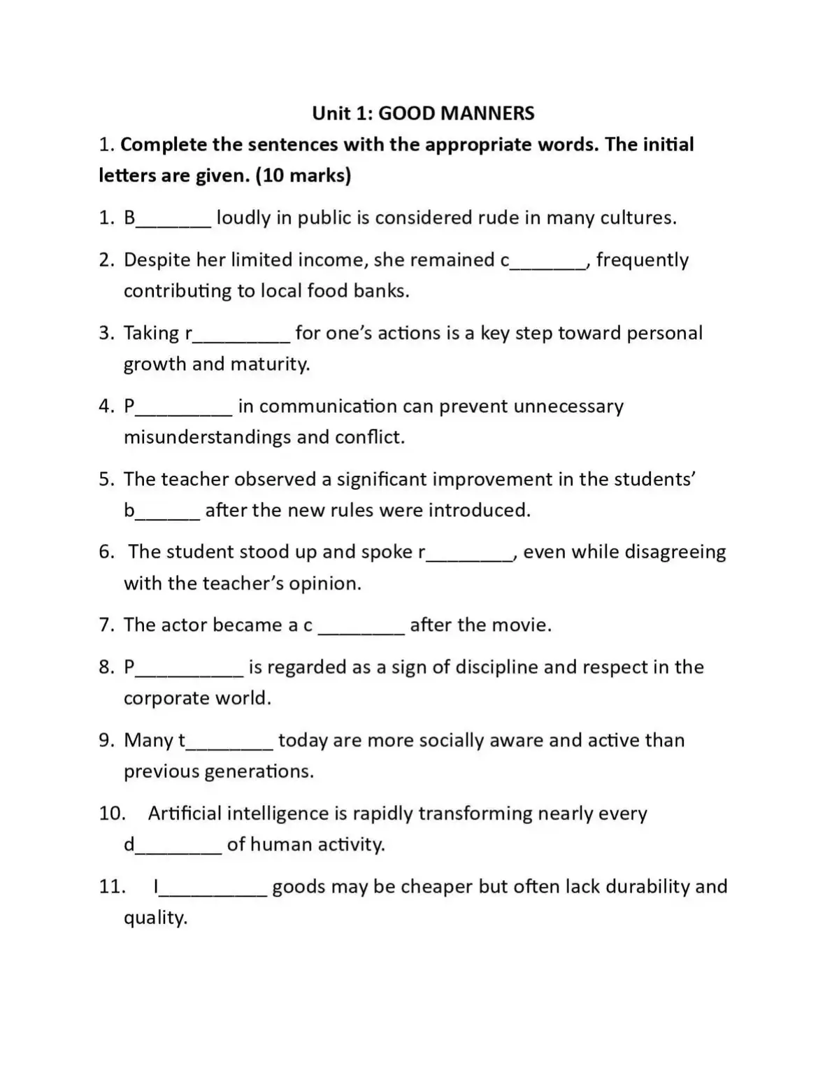 GRADE - 12 ENGLISH (GOOD MANNERS ) လေ့ကျင့်ရန်မေးခွန်းနဲ့အဖြေများ