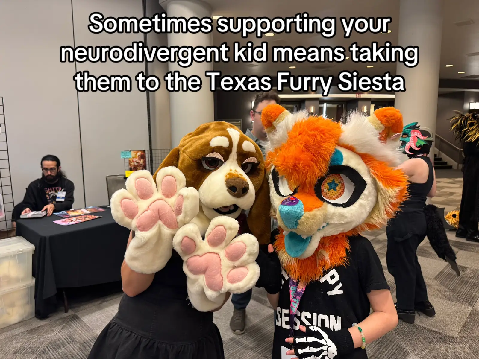 Honestly, we had no idea what to expect. She faces a lot of snide remarks about her creative interest in costuming. She came home with a rush of creativity and plenty of new sewing ideas for her fursuit. Just let kids be kids. My husband said it was literally one of the most joyful and uplifting places he’s seen for neurodivergent kids he’s been to. (And no litter boxes were seen, much to the chagrin of my ultra conservative haters.)  #texasfurrysiesta #kids #furry #adhd #autism 