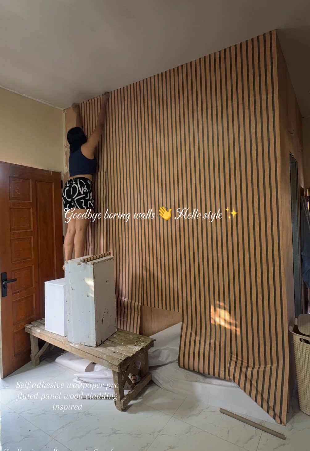 Self Adhesive wallpaper pvc fluted panel design wood cladding #wallpaper #wallpapers #DIY #walltranformation #selfadhesivewallpaper 