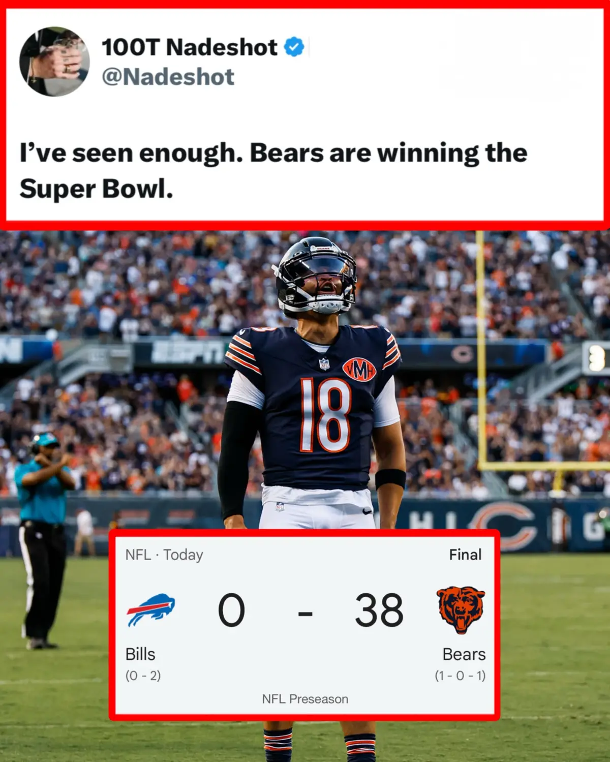 (Via: Nadeshot/X, kingjosiah54/X, bearsnationchi/X) #chicagobears #bears #nfl #touchdown #calebwilliams 