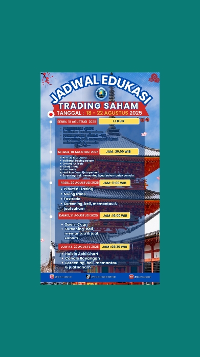 🇯 🇦 🇩 🇼 🇦 🇱  🇪 🇩 🇺 🇰 🇦 🇸 🇮  Master Cuan Saham 18 - 22 Agustus 2025 EDUKASI VIA ZOOM  Senin, 18 Agustus 2025 Jam 20.00 wib (LIBUR)  Pemula Bisa Juara Indikator trading saham Praktek Swing cuan 2 - 5% Screening, beli, memantau & jual saham untuk pemula  Selasa, 19 Agustus 2025 Jam 20.00 wib   Pemula Bisa Juara Indikator trading saham Setting HA Tools Swing Trade Fast Trade Hasilkan Cuan 1 juta perhari Screening, beli, memantau & jual saham untuk pemula  Rabu, 20 Agustus 2025 Jam 11.00 wib  Praktek Trading Swing trade Fastrade Screening, beli, memantau & jual saham  Kamis, 21 Agustus 2025  Jam 16.00 wib Open = Cuan Screening, beli, memantau & jual saham  Jumat, 22 Agustus 2025 Jam 08.30 wib Heikin Ashi Chart Candle Bayangan Screening, beli, memantau & jual saham ======================  🇹 🇷 🇦 🇩 🇮 🇳 🇬  🇧 🇦 🇷 🇪 🇳 🇬  MASTER CUAN SAHAM  Senin - Jumat  Open Gate 08.30 wib  Review Saham : 08.50.wib  Sesi 1 : 09.00 - 12.00 wib  Sesi 2 : 13.30 - 16.00 wib  ======================  CATATAN  Jadwal edukasi akan diupdate setiap hari sabtu  Edukasi selalu kami rekam  Pastikan sudah membaca materi edukasi di channel telegram Kitab Master Cuan Saham  Ikuti edukasi dan praktekkan jika ingin mahir trading  Tanyakan jika ada yang belum dipahami  Target cuan minimal Rp 1jt/hari/rdn  JANGAN TRADING terlebih dahulu jika belum mengikuti edukasi Master Cuan Saham Indonesia