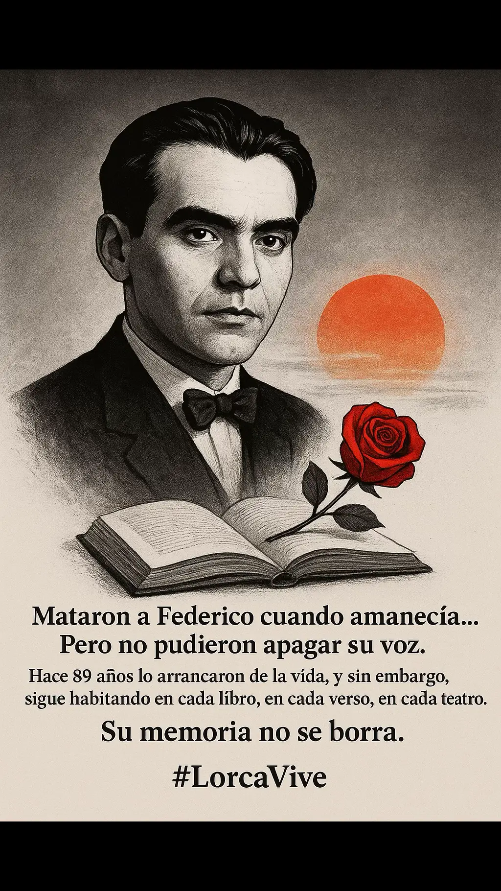 ✨ Mataron a Federico cuando amanecía… Pero no pudieron apagar su voz. Hace 89 años lo arrancaron de la vida, y sin embargo, sigue habitando en cada libro, en cada verso, en cada teatro. Su memoria no se borra. #LorcaVive 🌹 #Federico #Lorca #FedericoGarcíaLorca #Granada