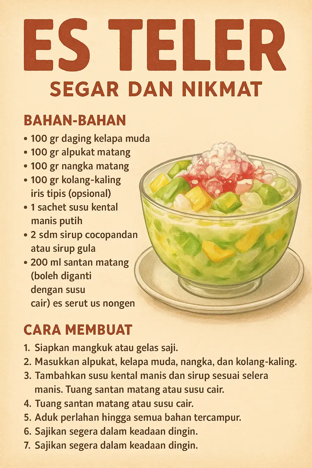 Berikut resep Es Teler Segar dan Nikmat: Bahan-bahan: 100 gr daging kelapa muda, dikeruk 100 gr alpukat matang, dikeruk 100 gr nangka matang, iris tipis 100 gr kolang-kaling, iris tipis (opsional) 1 sachet susu kental manis putih 2 sdm sirup cocopandan atau sirup gula 200 ml santan matang (boleh diganti dengan susu cair) Es serut atau es batu secukupnya Cara Membuat: 1. Siapkan mangkuk atau gelas saji. 2. Masukkan alpukat, kelapa muda, nangka, dan kolang-kaling. 3. Tambahkan susu kental manis dan sirup sesuai selera manis. 4. Tuang santan matang atau susu cair. 5. Tambahkan es serut/es batu secukupnya. 6. Aduk perlahan hingga semua bahan tercampur. 7. Sajikan segera dalam keadaan dingin. 👉 Es Teler ini bisa juga ditambah durian, cincau, atau tape sesuai selera biar lebih mantap. #fyp #fyppage #minuman  #fyppppppppppppppppppppppp 