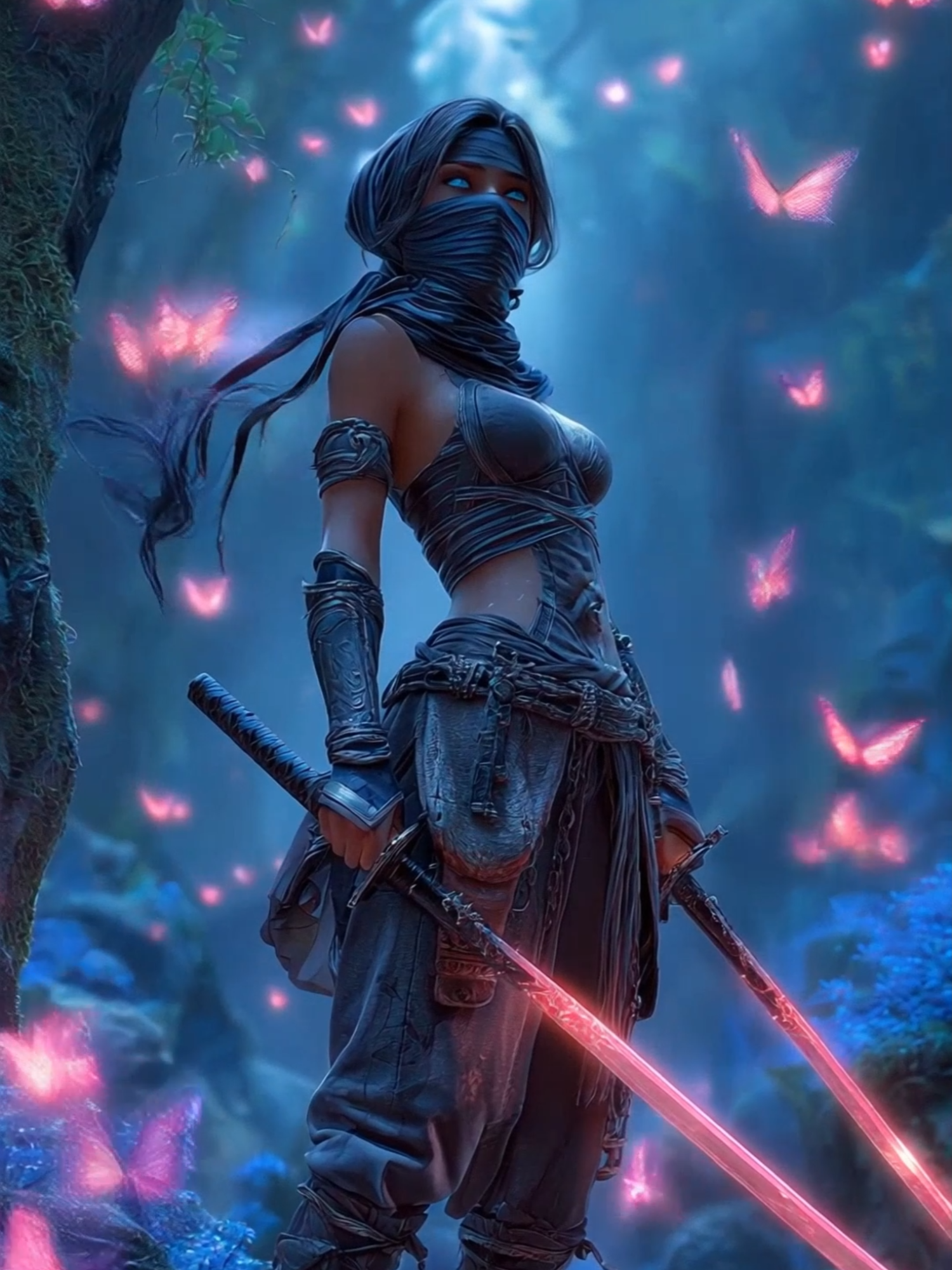 🌙🦋 Moonlit Ninjas | Mystical Warriors of the Night ⚔️✨ Under the silver glow of the moon, shadows stir within a dark, whispering forest. From the silence emerge female ninjas, their faces half-veiled behind elegant masks, their presence both mysterious and fierce. #aiart #AIfantasy #TiktokMagic #fantasy #enchantedfantasies #fyp #magicmoments #magicalvibes #ninja