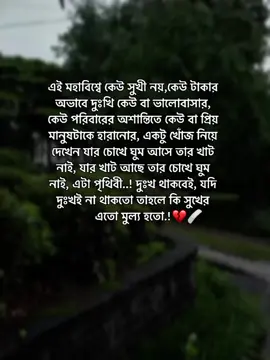 এই মহাবিশ্বে কেউ সুখী নয়,কেউ টাকার অভাবে দুঃখী কেউ বা ভালোবাসার, কেউ পরিবারের   অশান্তিতে কেউ বা প্রিয় মানুষটাকে হারানোর,একটু খোঁজ নিয়ে দেখেন যার চোখে ঘুম আসে তার খাট নাই, যার খাট আছে তার চোখে ঘুম নাই এটা পৃথিবী।দুঃখ থাকবেই, যদি দুঃখই না থাকতো তাহলে কি সুখের এত মূল্য হতো..!💔🩹 . . . . . . . . #foryou #foryoupage #tiktokbangladesh #fppppppppppppppppppp #frpシ 