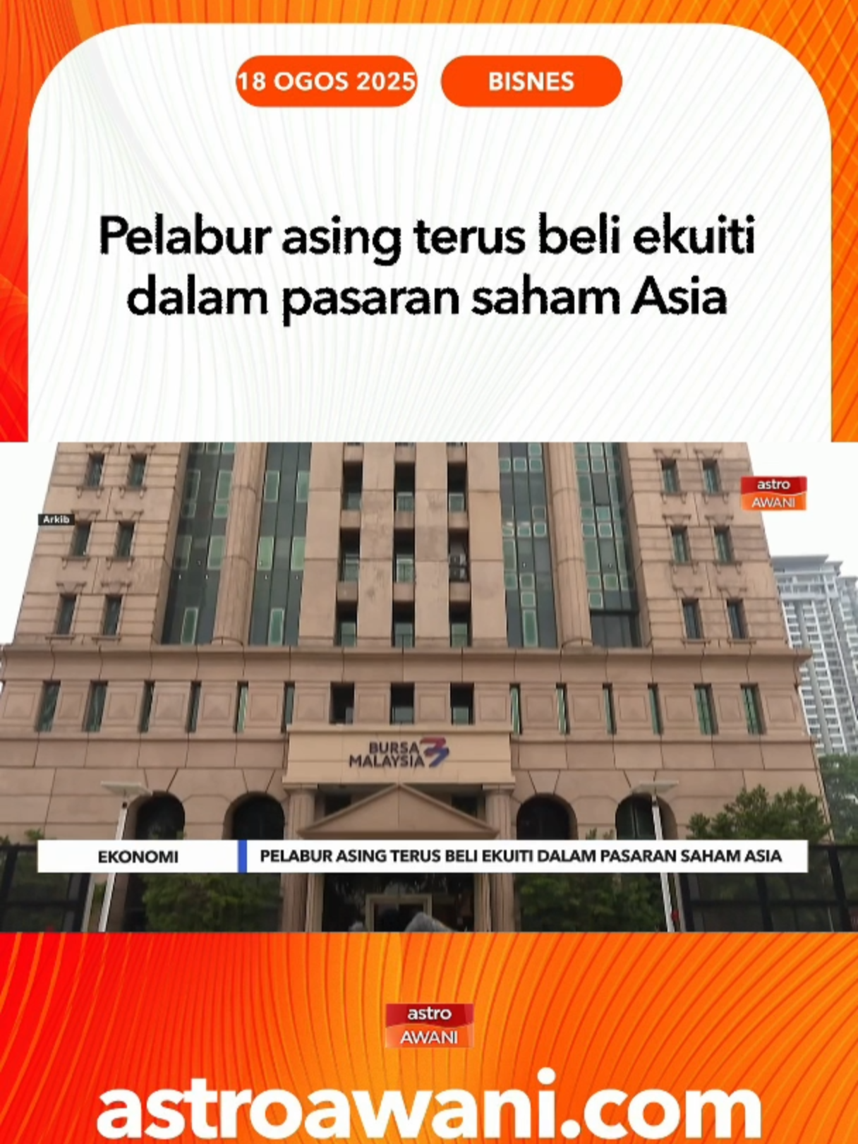 Pelabur asing meneruskan pembelian bersih saham Asia bagi minggu kedua berturut-turut dengan mencatatkan aliran masuk bersih berjumlah 389.4 juta dolar Amerika. #AWANInews