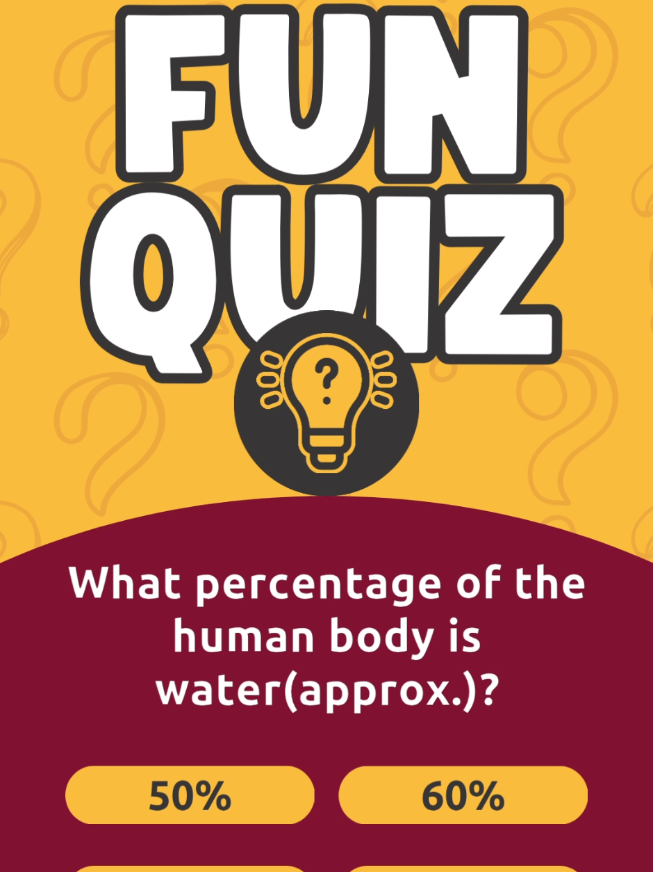 💧 Did you know the human body is mostly water? Test your knowledge with this fun quiz! #creatorsearchinsights #FunQuiz #BodyFacts #WaterQuiz #TriviaTime #DidYouKnow #ScienceFun #TikTokQuiz #MindBlown #QuickQuiz #StayCurious  #foryou #viral #LearnOnTikTok #knowledge #quiz #trivia #guessandgo 