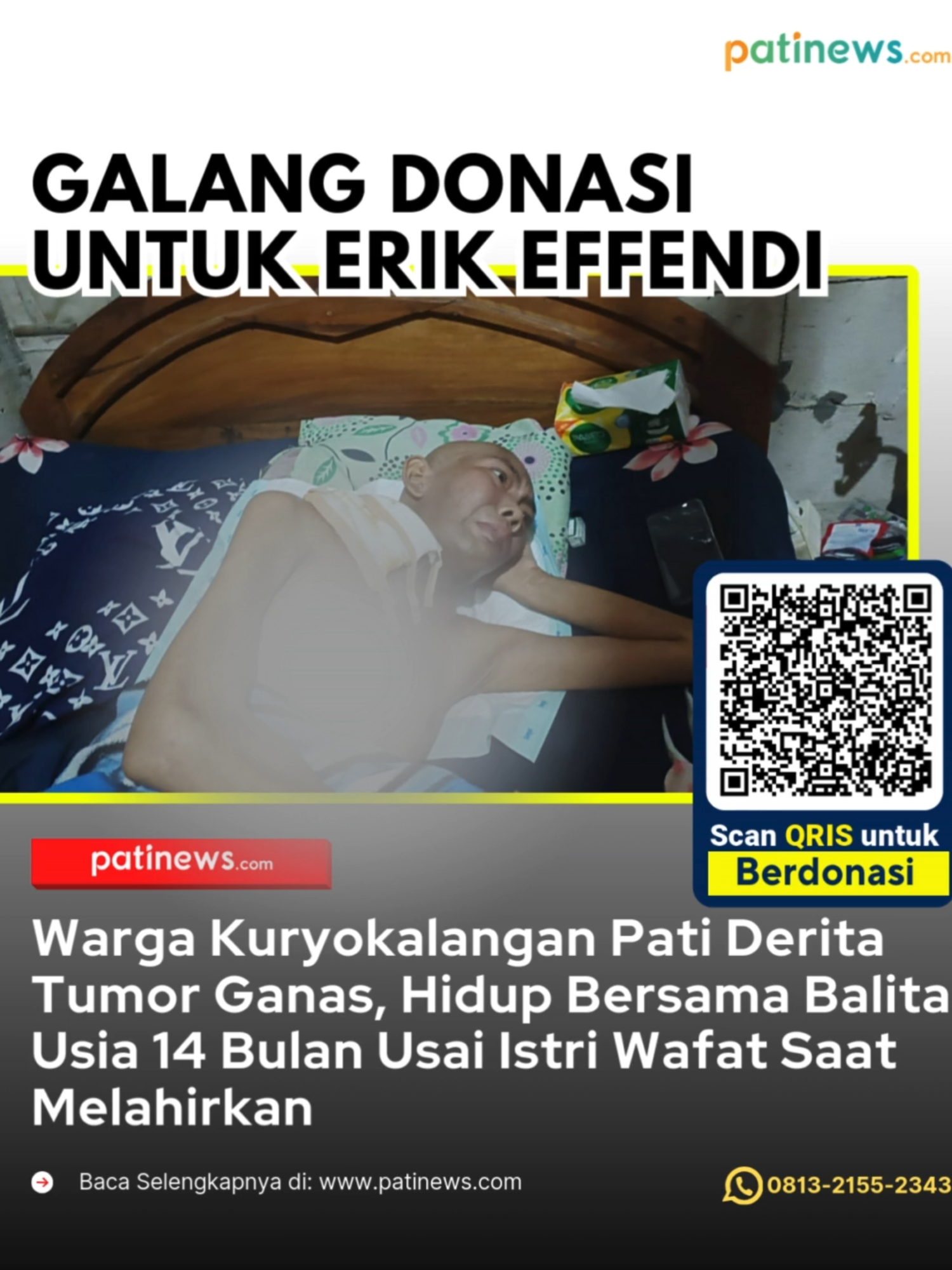 Cobaan berat tengah dialami oleh Erik Effendi, warga Desa Kuryokalangan, Kecamatan Gabus, Kabupaten Pati, Jawa Tengah. Pria yang sehari-hari dikenal sederhana itu kini harus berjuang melawan tumor ganas di bagian leher, sekaligus membesarkan putra semata wayangnya yang baru berusia 14 bulan. Kehidupan Erik kian penuh ujian sejak istrinya meninggal dunia saat melahirkan buah hati mereka. Sejak saat itu, ia harus menjalani peran ganda sebagai ayah sekaligus ibu bagi anak laki-lakinya yang masih balita. Kondisi penyakit yang dideritanya membuat aktivitas sehari-hari menjadi terbatas, sementara kebutuhan hidup terus berjalan.  #fyp #virals #jangkauanluas link donasi: https://sedekahgo.com/campaign/mari-bantu-mas-erik-melawan-tumor-ganas