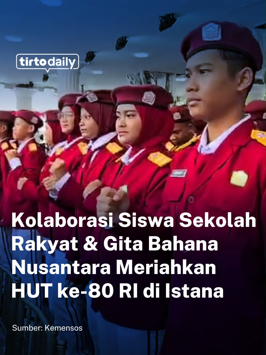 Suasana khidmat di Istana Merdeka pada peringatan HUT ke-80 Republik Indonesia berubah semakin hangat ketika lantunan suara merdu anak-anak Sekolah Rakyat menggema. Bersama Gita Bahana Nusantara, mereka menghadirkan harmoni yang tak hanya indah, tetapi juga penuh makna. Sebanyak 100 siswa terpilih, datang dari Aceh hingga Jayapura, duduk berhadapan langsung dengan Presiden Prabowo Subianto. Dengan semangat yang terpancar dari wajah mereka, lagu Hari Merdeka mengalun usai Sang Saka Merah Putih dikibarkan dengan gagah di langit Jakarta. Lebih dari sekadar penampilan seni, momen ini menjadi simbol harapan baru. Dari suara-suara jernih generasi muda itu, terselip doa agar pendidikan Indonesia terus maju, memberi ruang bagi setiap anak bangsa untuk tumbuh dan berkarya. #Jeda