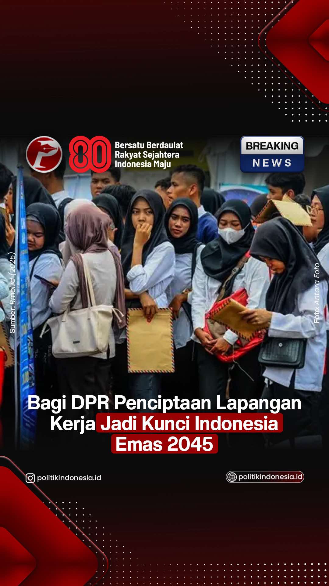Anggota DPD RI, Fahira Idris, mengatakan, salah satu tantangan besar Indonesia di usianya ke-80 tahun saat ini adalah penciptaan lapangan pekerjaan yang berkualitas, merata, dan berdaya saing.   Namun di balik tantangan ini, kata Fahira, terbentang peluang besar untuk mentransformasi dunia kerja Indonesia menjadi lebih adaptif, inklusif, dan masa depan.   Menurut Fahira, Indonesia memiliki modal besar mulai dari bonus demografi, semangat kewirausahaan generasi muda, dan geliat industri baru di bidang digital, hijau, dan kreatif.    Baca berita selengkapnya di https://politikindonesia.id/fahira-idris-penciptaan-lapangan-kerja-kunci-indonesia-emas-2045