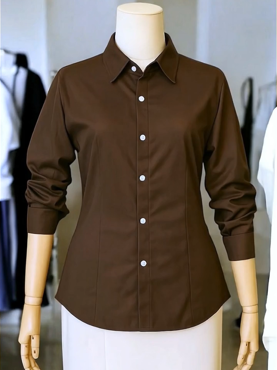 Kemeja wanita polos mahogany dengan desain simple namun classy, cocok untuk tampilan formal maupun casual #KemejaWanita #OOTD #KemejaCokelat #FashionSimple 