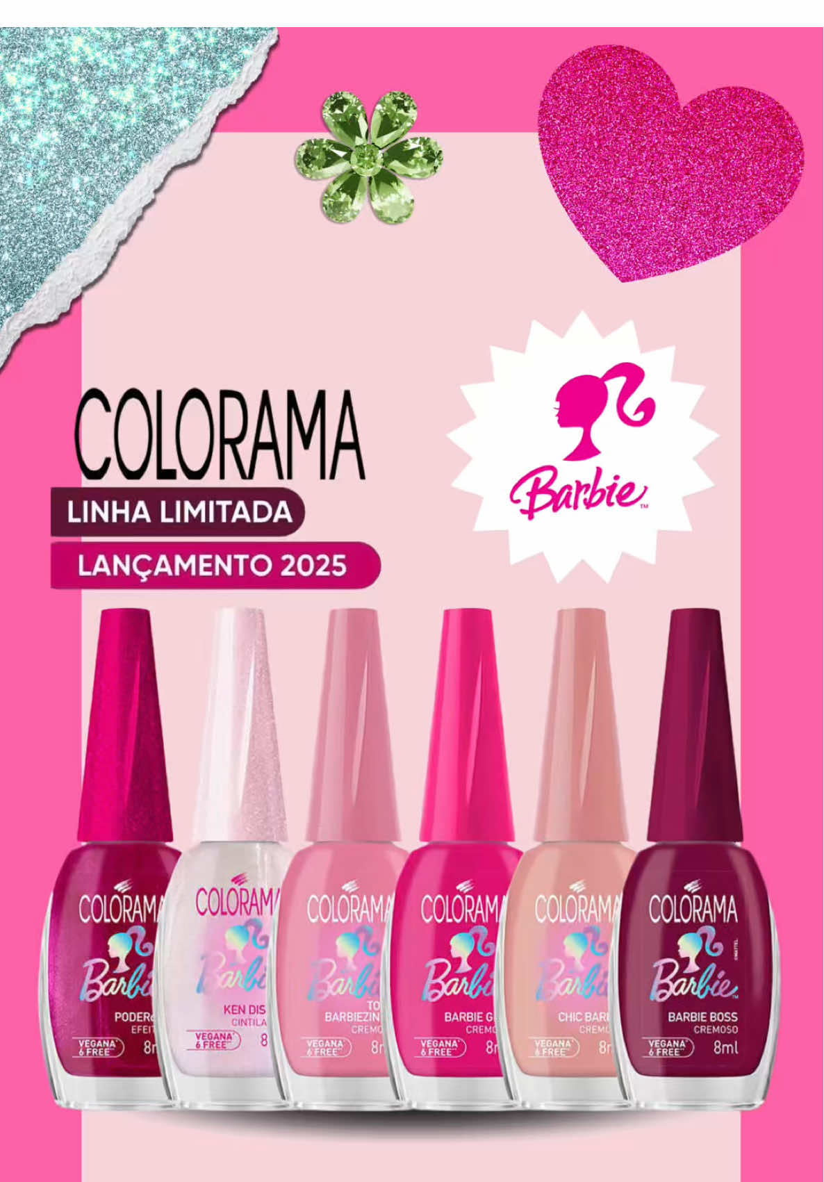 ✨💅 A Barbie invadiu as suas unhas! A nova coleção Colorama + Barbie chegou trazendo 6 cores exclusivas, cheias de brilho, estilo e personalidade. Do rosa clássico ao vinho poderoso, é a edição limitada que vai deixar suas mãos ainda mais fashion! 🌸👠 o	Ken Disse? (cintilante) – branco translucido com brilhos  o	Chic Barbie (cremoso) – nude elegante. o	Toda Barbiezinha (cremoso) – rosa bebê delicado. o	Barbie Girl (cremoso) – rosa vibrante e alegre. o	Poderosa Barbie (efeitos) – pink intenso com brilho especial. o	Barbie Boss (cremoso) – vinho sofisticado e marcante  👉 Garanta já o seu kit e entre no universo Barbie com muito charme e atitude 👸💖 @barbie @Esmalte Colorama 🌈 🌈  . #Colorama #esmaltecolorama #esmalte #unhas #unhasperfeitas 