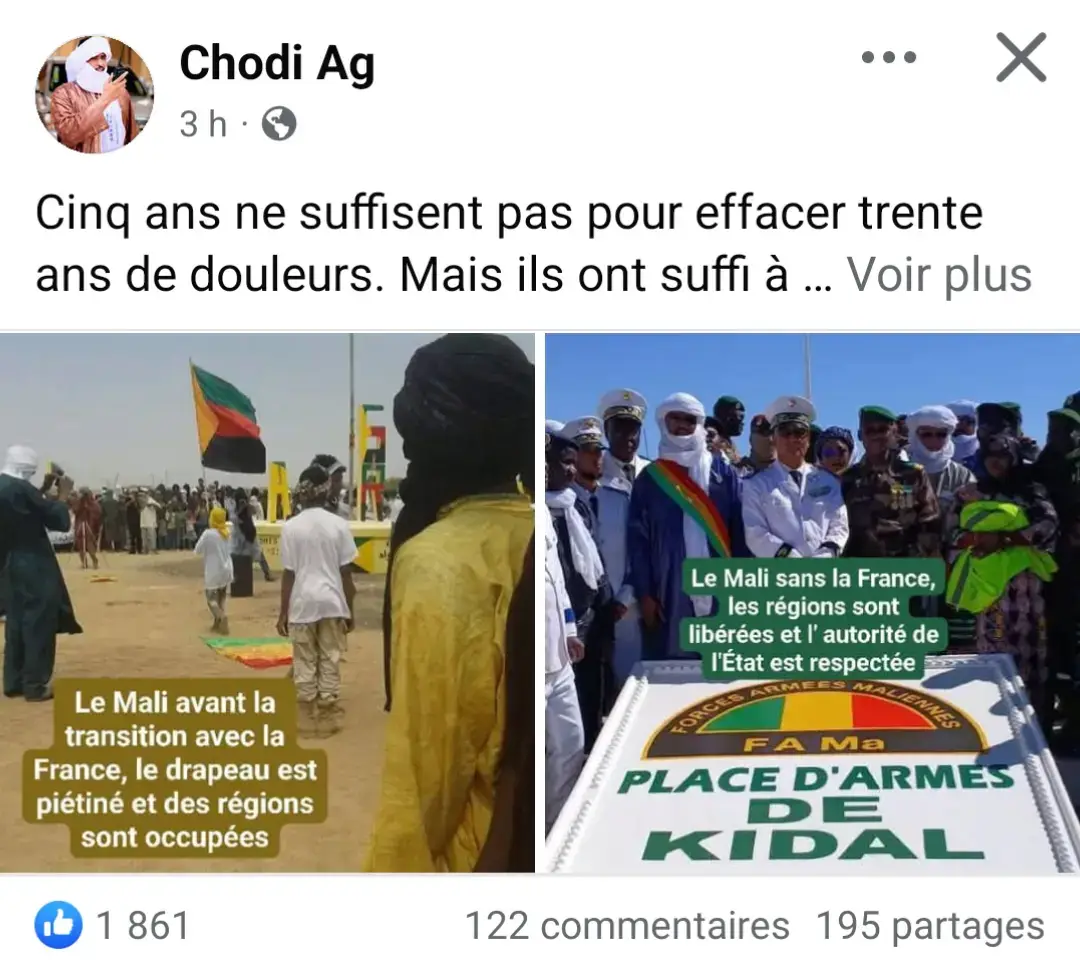 Cinq ans ne suffisent pas pour effacer trente ans de douleurs. Mais ils ont suffi à redonner au Mali sa voix, sa marche, et sa vision. Et à Kidal, nous avons gravé cette vision dans le sol, avec le drapeau comme témoin. Nb: Le Mali soigne trente ans de blessures. Cinq ans, c’est peu. Rendez-vous en 2030 pour juger le traitement. Bon début de semaine à tous. Pas de recul, pas de doute : on avance, et on gagne.