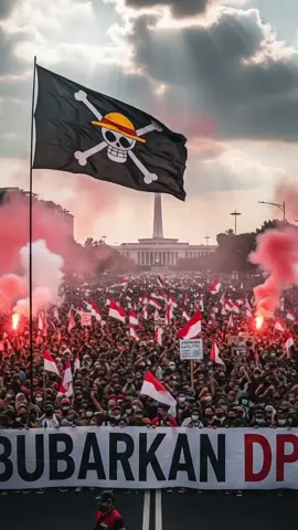 prompt : Sebuah ilustrasi realistik bergaya foto dokumenter, memperlihatkan lautan manusia dalam demonstrasi besar di jalanan kota dengan latar gedung parlemen megah di kejauhan. Ribuan orang memenuhi jalan, sebagian membawa bendera merah putih Indonesia, sementara bendera hitam besar dengan logo bajak laut One Piece (Jolly Roger dengan topi jerami) berkibar tinggi di udara. Asap suar merah menyala di beberapa titik kerumunan, menciptakan efek dramatis dengan cahaya yang tersebar. Langit sore dipenuhi awan tebal, namun sinar matahari menembus celah awan, jatuh seperti pancaran cahaya ilahi ke arah kerumunan. Kamera sudut pandang tinggi (bird-eye view), menyorot lautan manusia dengan fokus pada spanduk raksasa putih bertuliskan besar “BUBARKAN DPR!” di bagian depan kerumunan. Warna gambar dramatis, kontras tinggi, dengan nuansa sinematik — menekankan energi massa, suasana protes, serta kombinasi realistis antara bendera, asap, cahaya, dan arsitektur kota di latar belakang. #bubarkandpr #ai #chatgpt #fyp #indonesia 