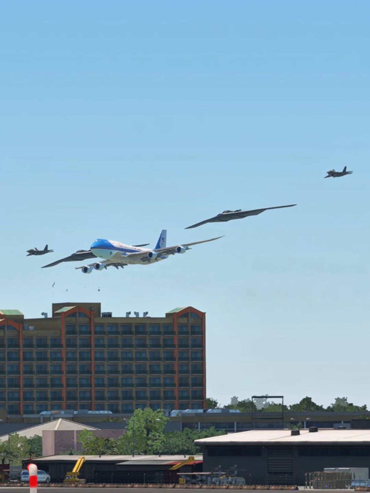 Incredible Air Force One in Alaska escorted by B-2s and F-22s #aviation #usa #alaska #b2 #f22 #videogame . . This Video was created digitally - Video Game