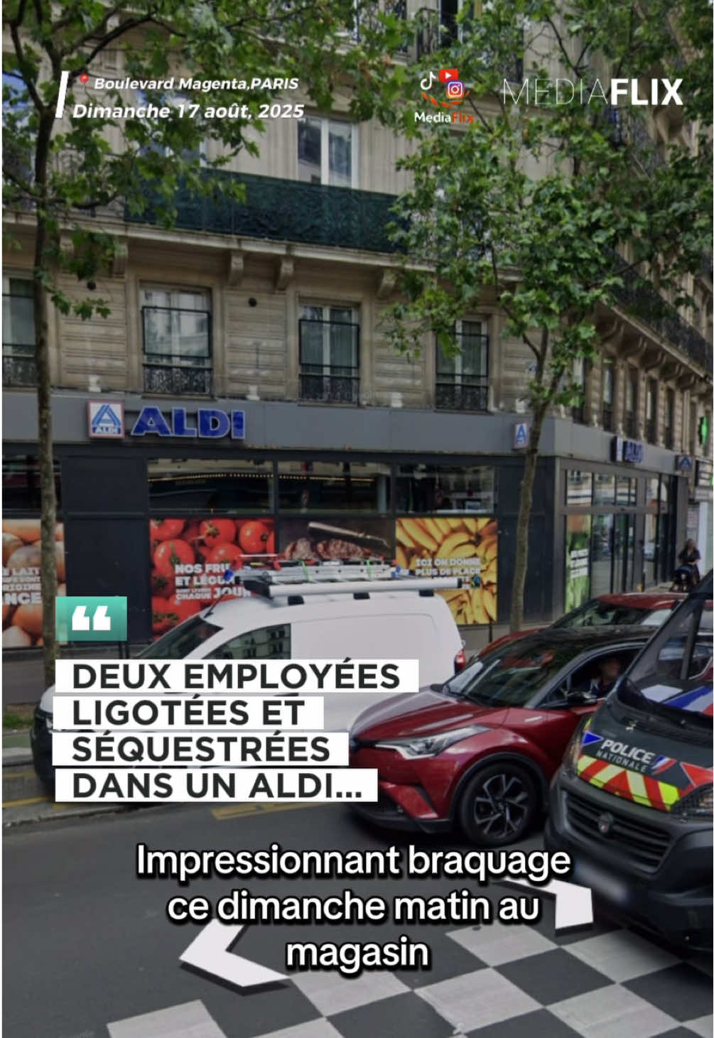 Braquage spectaculaire sur le boulevard Magenta, dans le Xe arrondissement de Paris, ce dimanche. Deux hommes, armés d’un c*uteau, ont dérobé près de 20 000 euros dans ce magasin. La police judiciaire est chargée de mener l’enquête. #aldi #paris #actualité #actu #drame 