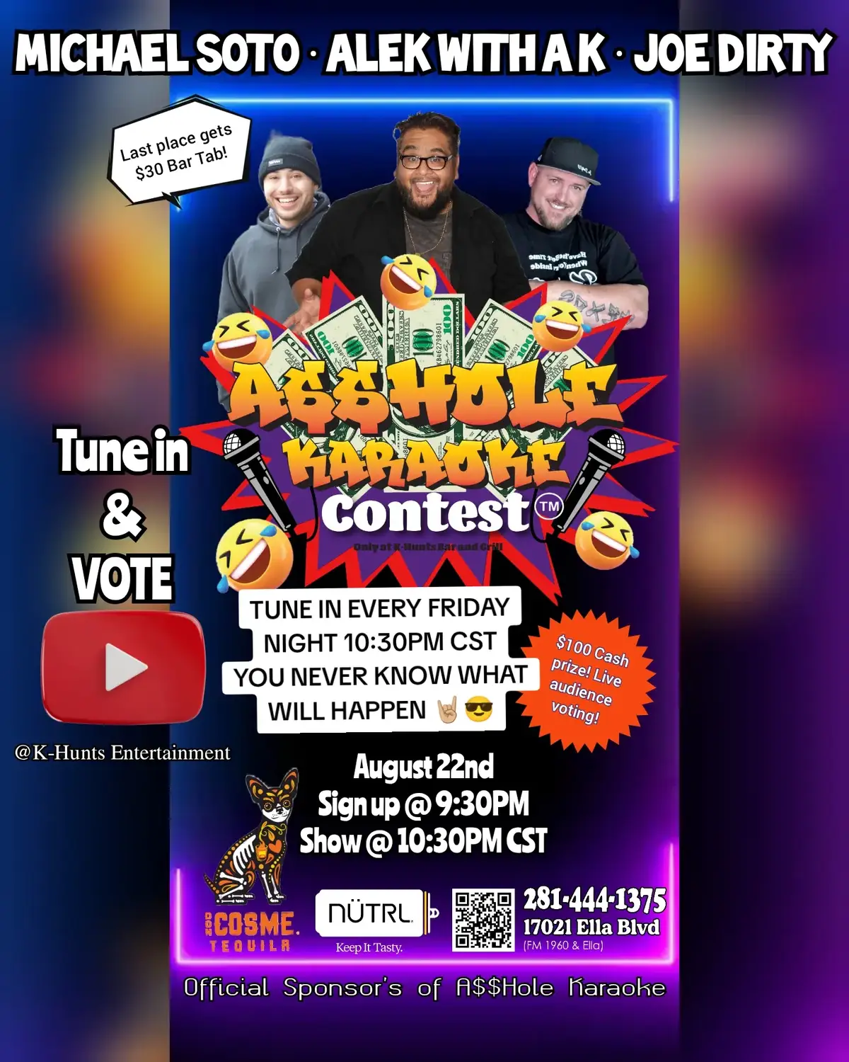 Come be a part of the VIRAL KARAOKE CONTEST in Houston #assholekaraoke only at #khuntsbarandgrill THE BEST COMEDY KARAOKE SHOW IN HOUSTON AND THE INTERNET. PERIOD #nutrl #doncosmetequila #houston @Aleks with a K @Don Cosmé Tequila @Nütrl @K-Hunts 