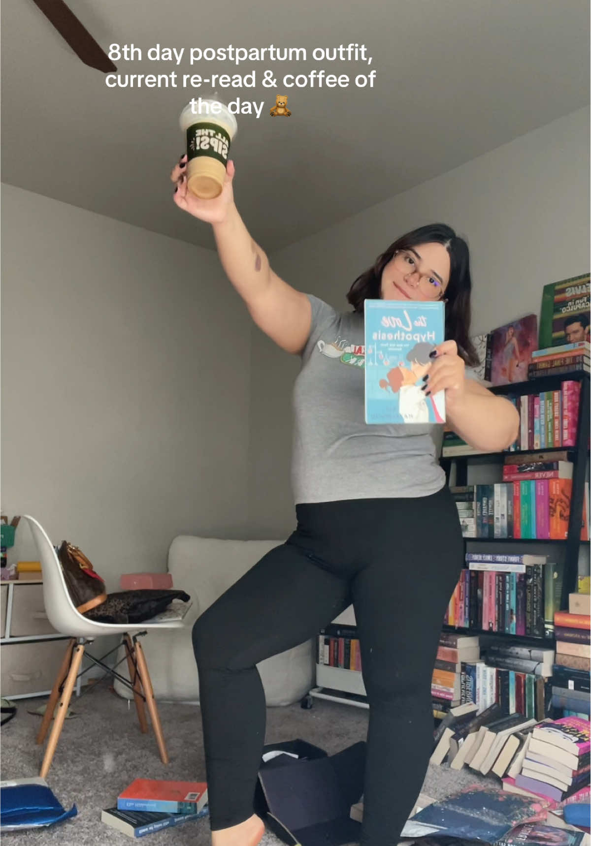 Never been more excited for a book to movie adaptation 😍 ifykyk  Leggins: @Amazon Fashion Tee: thrifted  Coffee:@Panera Bread  Flip flops: @Havaianas US  Glasses: @Eyebuydirect #thelovehypothesis #alihazelwood #BookTok #postpartum #postpartumjourney 