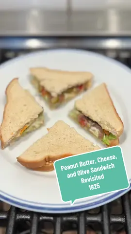Peanut Butter, Cheese, and Olive Sandwich  Revisited (1925) on Sandwiches of History A while back I did the Peanut Butter, Cheese, and Olive Sandwich from The Chattanooga News in 1925. And I did not really know what to plus it up with. So I asked you to weigh in and boy howdy did you. I sifted through hundreds and hundreds of plus up suggestions and today I am going to do the 4 that were mentioned most often. And a fifth one because I failed to add a caveat to my request (but I don’t mind!) #fyp #sandwichesofhistory 