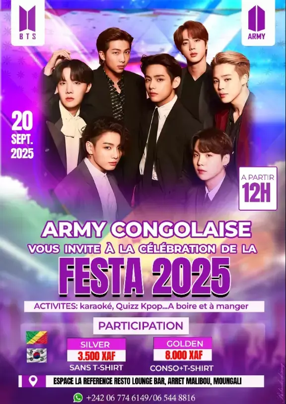 À toutes les army congolaise : le 20 septembre je vous invitent à l'événement armytielle de l'année et qui promet plein de chose et nous soutenons BTS depuis le Congo Brazzaville et pour toutes celles qui veulent nous rejoindre écrivez moi pour qu'on se mobilisent pour les BTS #armylover #armybts 💜💜💜💜💜💜💜🎊🎉