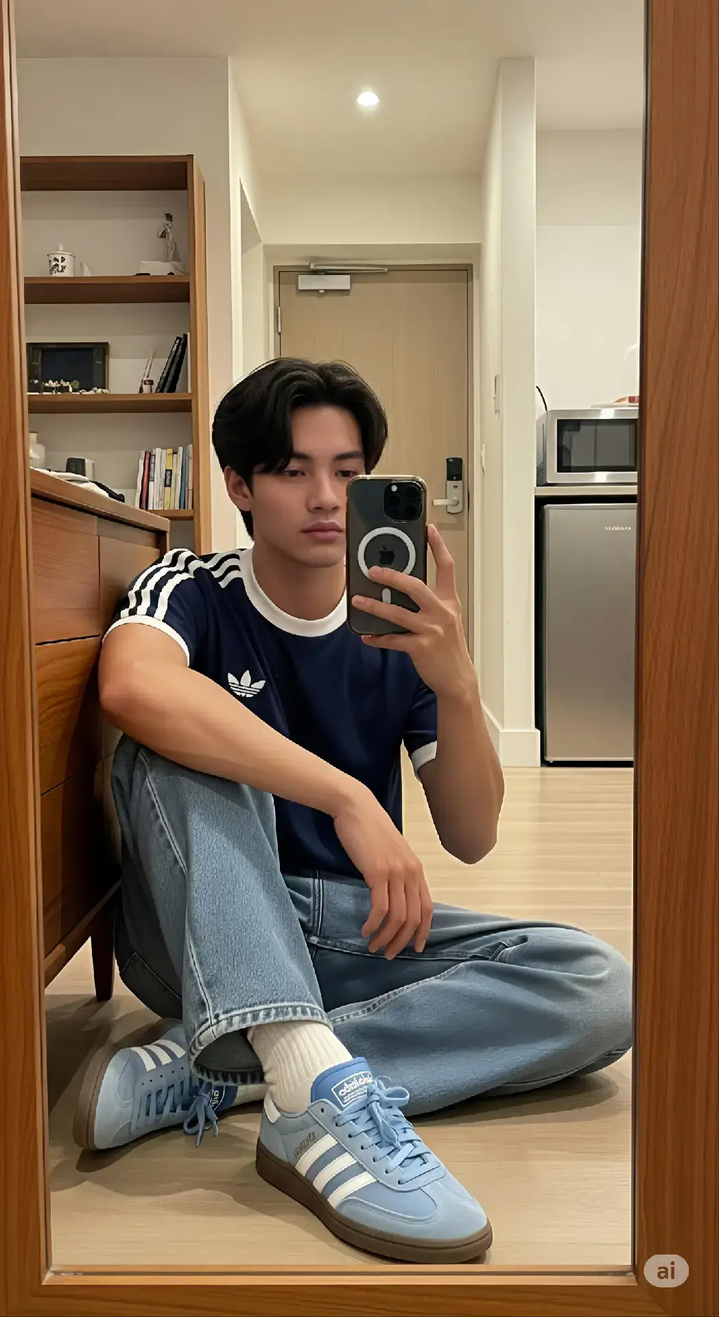 prompt:👇🏻 . . . . . . Fotografi mirror selfie seorang pria muda Asia yang duduk di lantai di kamarnya. Ia mengenakan outfit sporty kasual: kaus biru navy dengan garis putih, celana jeans oversized, dan sepatu sneakers putih. Ia mengambil foto selfie dengan ponsel yang dilengkapi ring light. Latar belakang menunjukkan pantulan dari sebuah ruangan yang rapi dengan kitchenette dan furnitur kayu. Pencahayaan dalam ruangan yang cozy menciptakan suasana santai dan intim #ai #mirorselfie #aiphoto #photography #gemini #prompt #aiphotography #aiphotos #xybca #edit #masukberanda #editphoto #edits #geminis #edit 