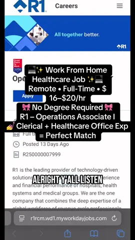 ✨Another cute lil WFH find ✨ R1 is hiring an Operations Associate I 👩🏽‍💻 No degree needed, just clerical/healthcare office vibes 💅 Pay is $16–$20/hr and yes—it’s fully remote! Drop these keywords in your resume: EOBs, CPT/ICD codes, claims, EPIC, HIPAA 📝 Who’s tryna clock in from the couch with me? 🛋️💕 #workfromhome #wfhlife #stayathomejobs #hiringnow #bossmoves 