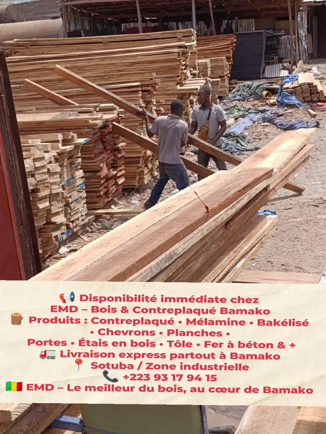 📦 Stock dispo chez EMD ! 🪵 Bois, contreplaqué, portes, mélamine, fer à béton & + 🚚 Livraison rapide – Bamako 📞 93 17 94 15