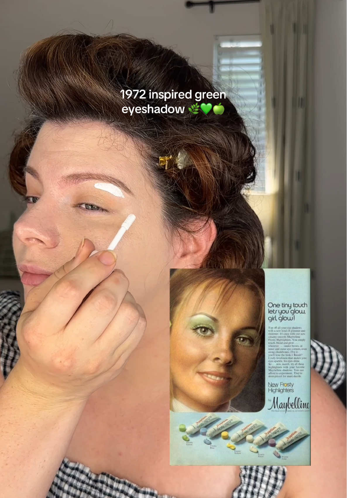 Maybelline 1972 makeup ad for their new frosty eyeshadow 💚🍀🥝