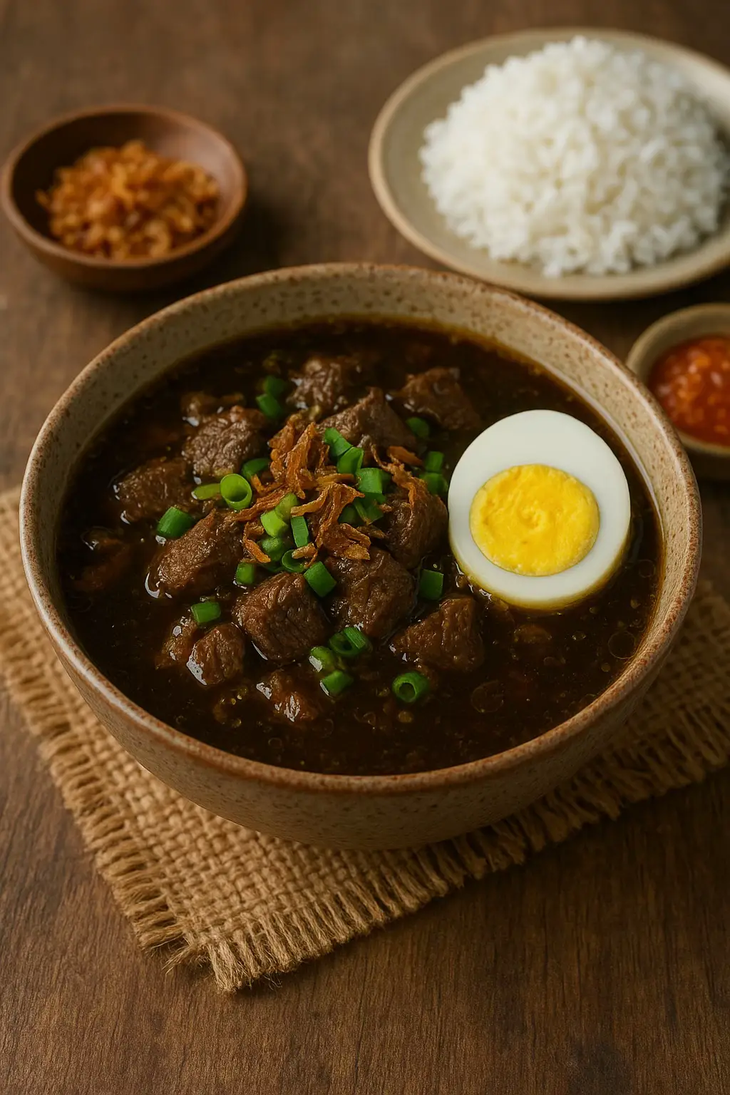 Rawon Daging Sapi khas Jawa Timur: Bahan-bahan: 	•	500 g daging sapi (sandung lamur/sengkel), potong dadu 	•	2 liter air 	•	2 batang serai, memarkan 	•	3 lembar daun jeruk 	•	2 cm lengkuas, memarkan 	•	2 sdm minyak untuk menumis 	•	Garam dan gula secukupnya Bumbu Halus: 	•	5 siung bawang putih 	•	8 butir bawang merah 	•	4 buah kluwek (rendam, ambil isinya) 	•	3 buah cabai merah keriting 	•	2 cm kunyit, bakar 	•	2 cm jahe 	•	1 sdt ketumbar sangrai 	•	½ sdt merica butiran Pelengkap: 	•	Tauge pendek (disiram air panas) 	•	Telur asin atau telur rebus 	•	Sambal terasi 	•	Kerupuk udang 	•	Daun bawang iris & bawang goreng ⸻ Cara Membuat: 	1.	Rebus daging sapi hingga empuk, angkat, potong-potong. Sisihkan kaldunya. 	2.	Tumis bumbu halus bersama serai, lengkuas, dan daun jeruk hingga harum. 	3.	Masukkan tumisan bumbu ke dalam rebusan kaldu daging. Aduk rata. 	4.	Tambahkan potongan daging sapi, garam, dan gula secukupnya. Masak hingga bumbu meresap dan kuah hitam pekat. 	5.	Sajikan rawon panas dengan pelengkap (tauge, telur asin, sambal, kerupuk, bawang goreng).