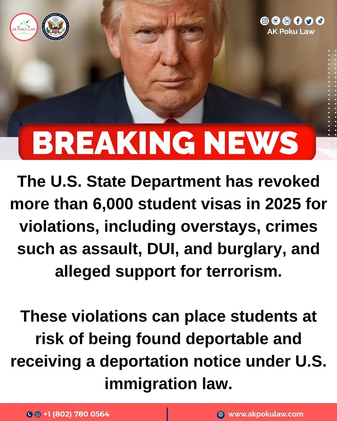 The U.S. State Department has reported a major wave of visa revocations in 2025. Here are the key numbers: ✅ Over 6,000 student visas revoked in 2025 ✅ About 4,000 tied to criminal violations such as assault, DUI, and burglary ✅ Around 200 to 300 revoked for “support for terrorism” In total, about 40,000 visas across all categories have been revoked this year. During the same period under the Biden administration, about 16,000 visas were revoked. This is part of the Trump administration’s broader immigration enforcement effort. 📌 If you or someone you know is facing a visa revocation or other immigration issues, reach out to AK Poku Law for guidance and support. #immigrationnews #studentvisa #uscis #stateDepartment #usimmigration #visaupdate #immigrationlaw #akPokuLaw #akpoku #us #students #akpokulawyer #usimmigrationlaw #usimmigrationattorney #usimmigrationlawyer