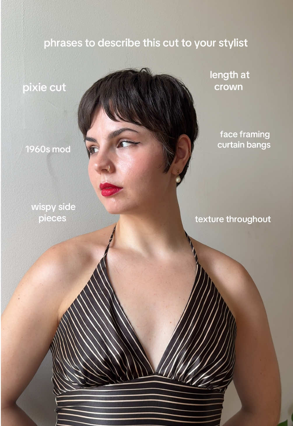 Phrases to use to ask your stylist for to get a similar cut! Inspo pictures I showed were Emma Stone’s pixie and Liza Minnelli. 🤎 #pixiecut #pixiehaircut #shorthair #hairtrends #hairtok 