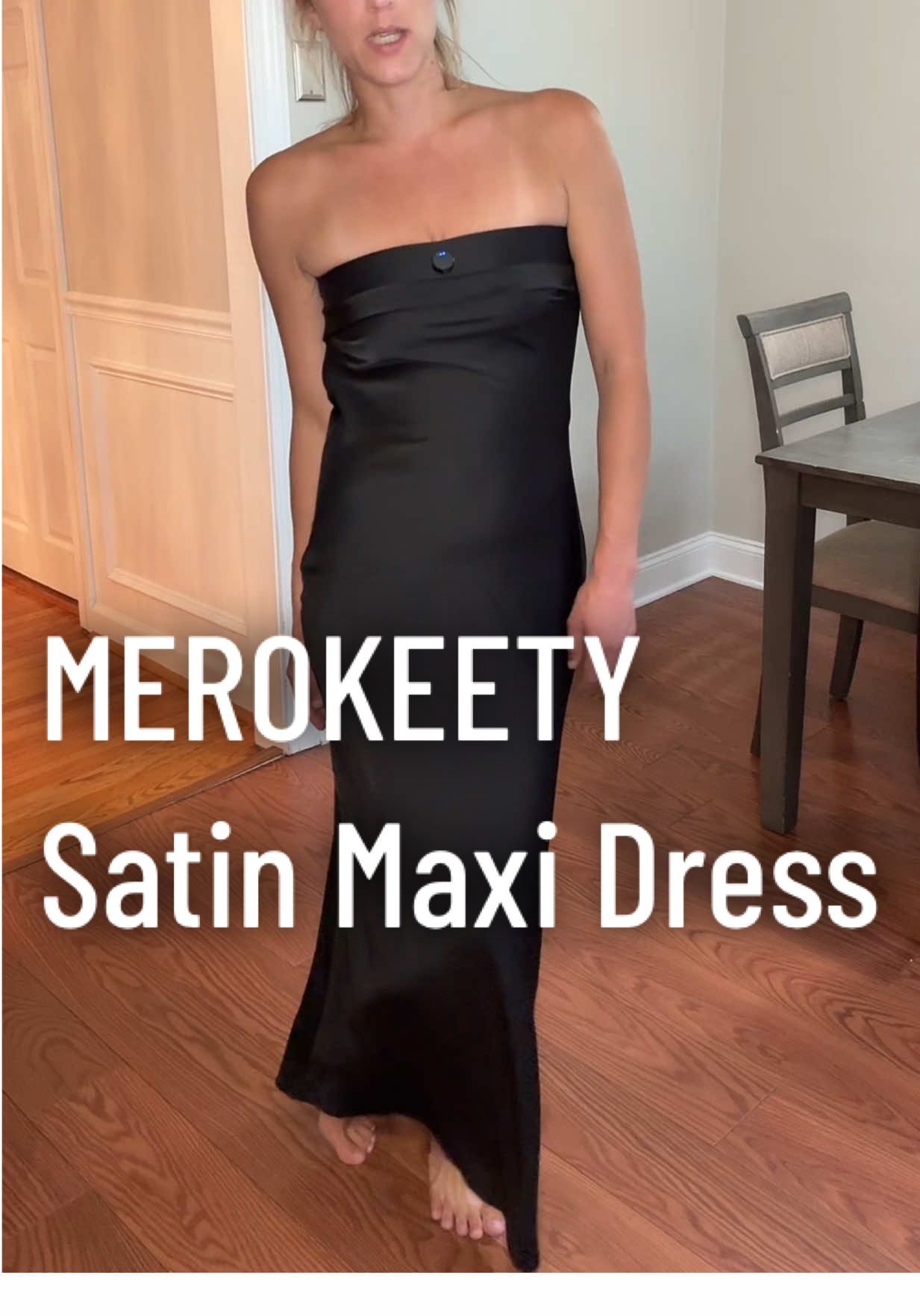 Such a beautiful simple satin maxi dress for a fancy date night or wedding! #datenightdress #weddingguestdress #blackdress   #straplessmaxidress #elegantformaldress @Merokeety 